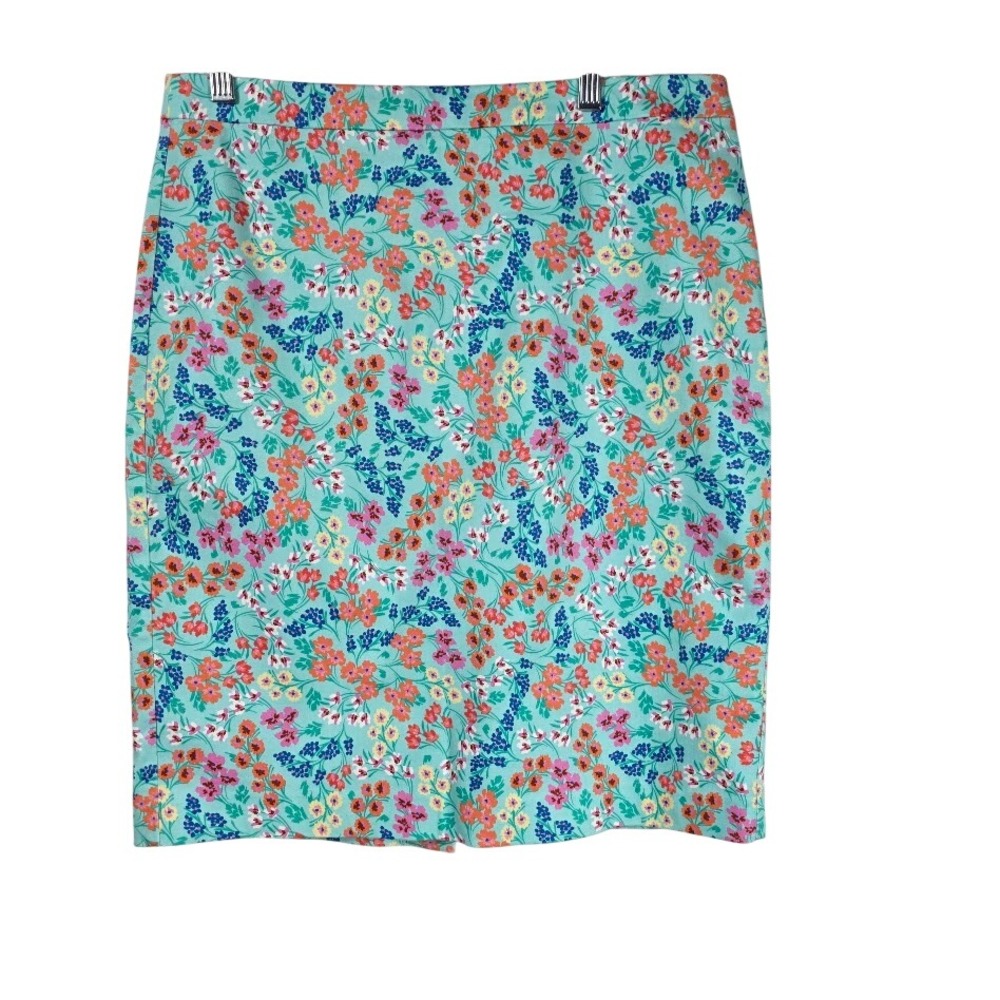 J. Crew Pencil Skirt Womens 10 Teal Floral Stretch Cotton Career Office Wear